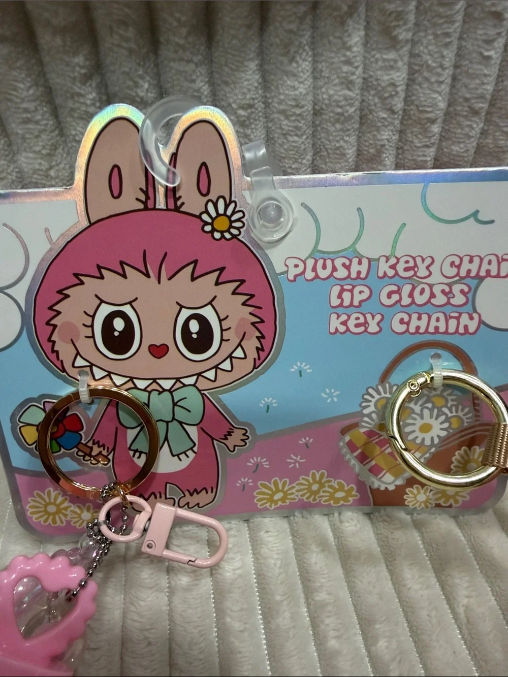 Cute Pink Plush Bunny Keychain & Blingy Lip Gloss Keychain Set. New.
